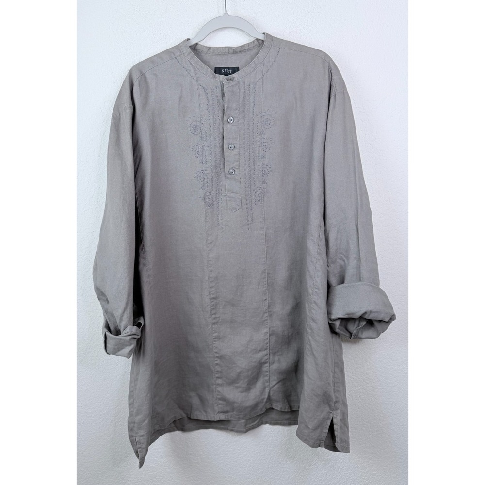 NEXT 100% Linen‎ Embroidered Tunic Top XXL Taupe Boho Neutral Lagenlook Peasant